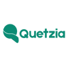 Quetzia logo with a green leaf-like symbol on a white background